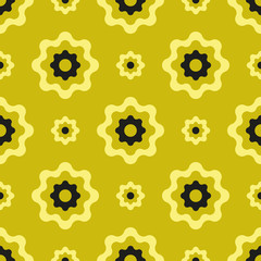 Vector seamless folk pattern in yellow. Simple flower shape made into repeat. Great for background, wallpaper, wrapping paper, packaging, fashion.
