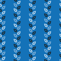 Vector seamless folk vertical pattern in blue. Simple leaf shape made into repeat. Great for background, wallpaper, wrapping paper, packaging, fashion.