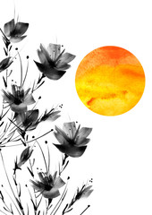 Watercolor silhouette of a black flower on a background of red, orange, pink sun. Drawing on a white isolated background. Vintage Ink Poppy Flower. cover, logo, card, in the technique - Chinese paint