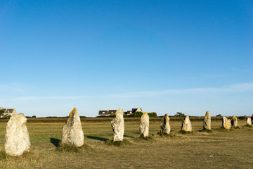 the standing stone alignements of Lagatjar in Brittany in soft morning light