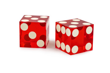Two red professional game dice closeup isolated on a white background / five and five with a light shadow.