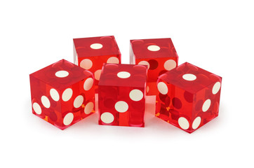 Five red classic dice close-up isolated on a white background / poker result with a slight shadow.