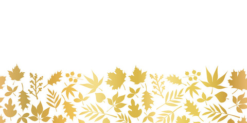 Gold foil leaves seamless vector border. Foliage nature leaf elements repeating banner. Metallic golden floral design for elegant backdrops, invitation, wedding, celebration, cards, decor, autumn