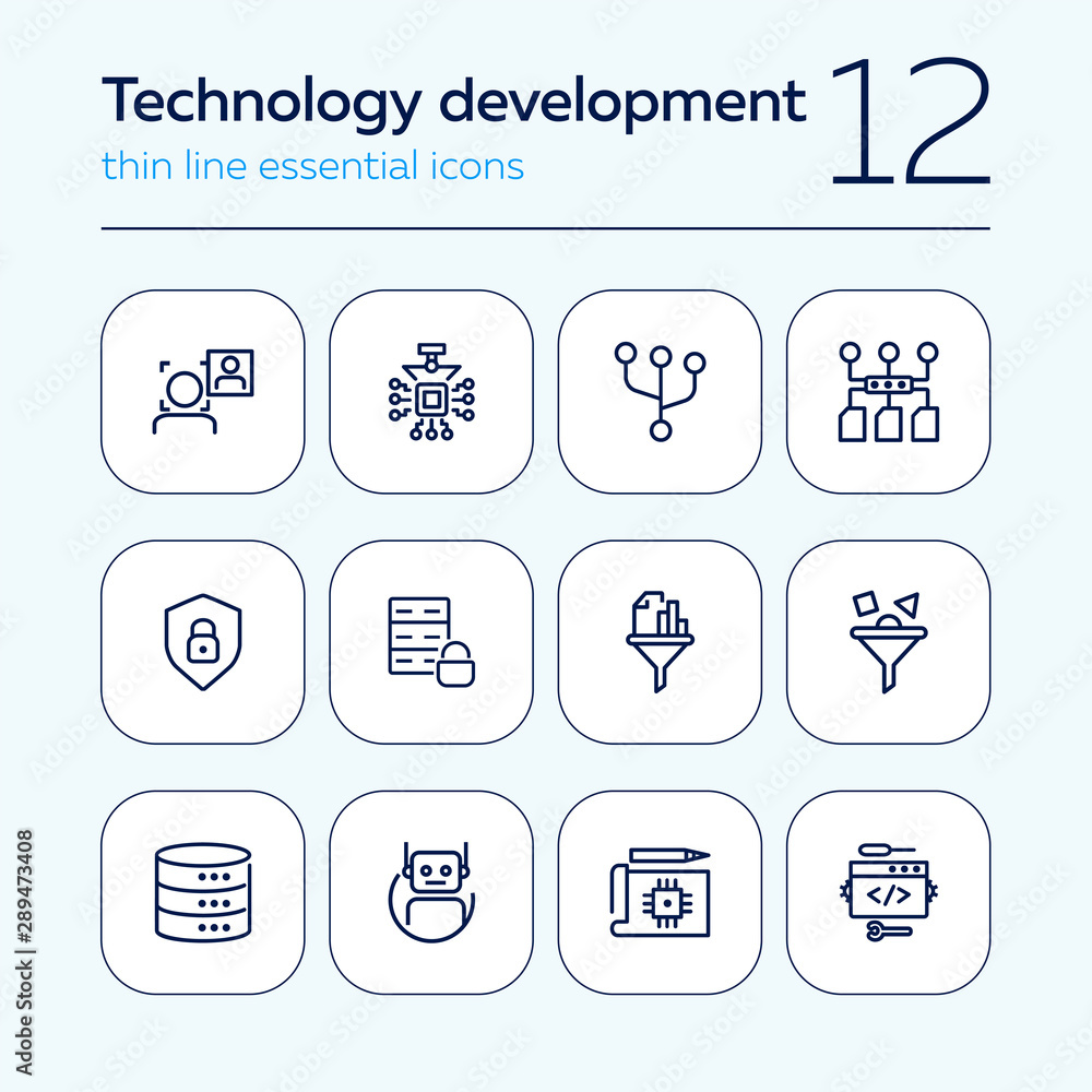 Poster technology development line icon set. computer service, bot, database. it concept. can be used for t