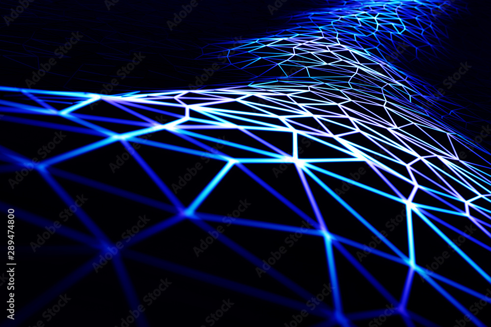 Poster neural network and blockchain technology concept, mesh structure or grid landscape