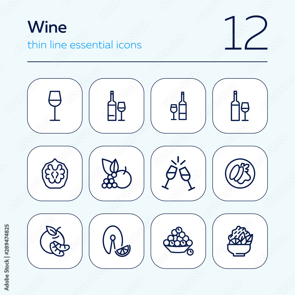 Poster wine line icon set. set of line icons on white background. drinking concept. grape, fruit, bottle. v
