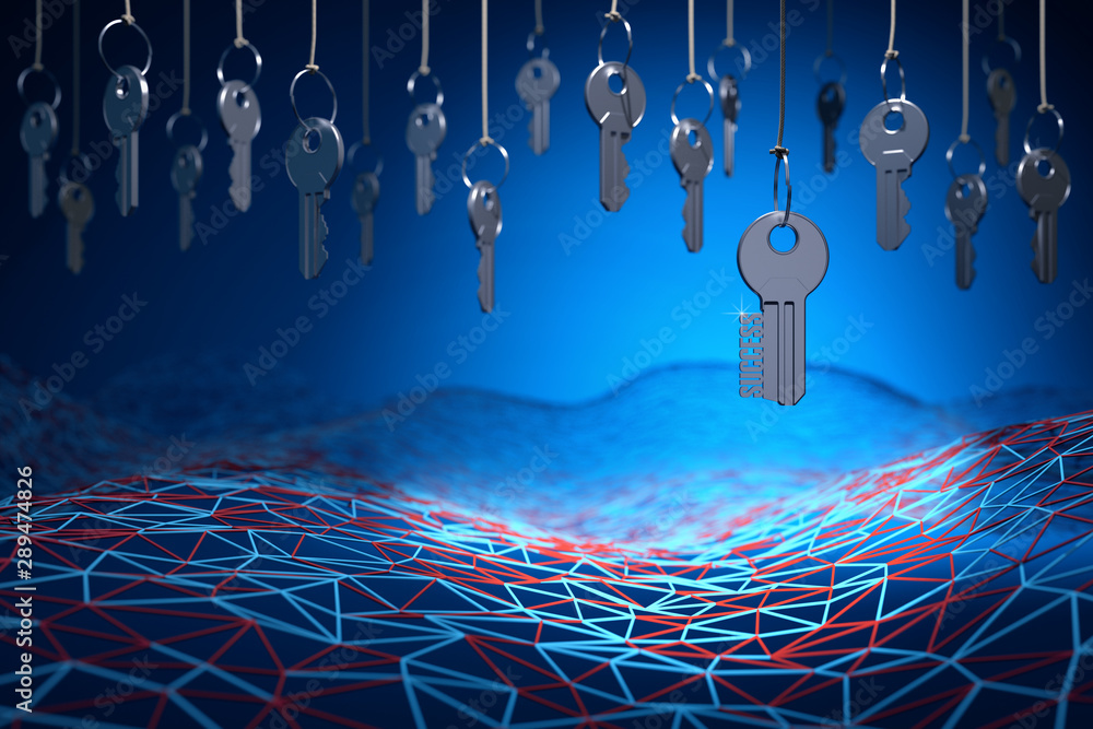 Poster searching of key to success, access concept, many metal keys hanging on the ropes above neural netwo