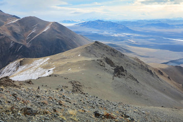 Amazing winter landscape in Mongolia. Colorful scene in the mountains, Tsagaan Shuvuut National Park, Mongolia, Asia. Beauty of mountains concept background. 