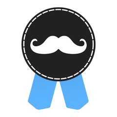 Movember badge label with blue ribbon, mustaches and badge pin flat style design vector illustration isolated on white background. Agains prostate cancer symbol information.