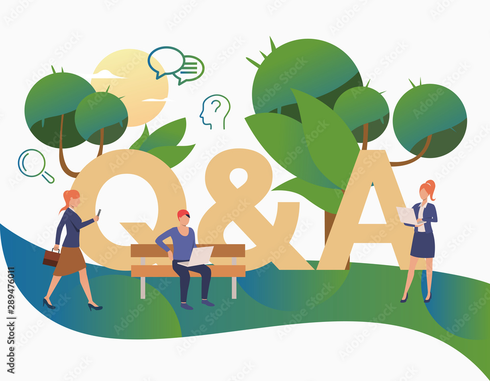 Poster people getting answers for troubling questions landing page. faq, confusion, support. faq concept. v