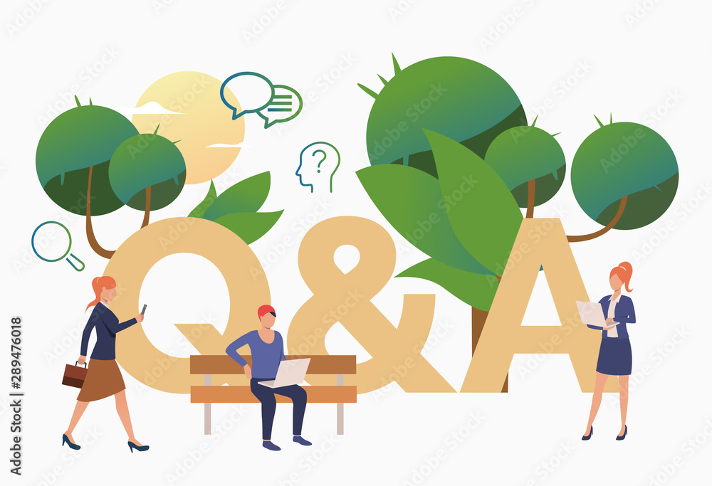 Poster people getting answers for troubling questions. faq, confusion, support. faq concept. vector illustr