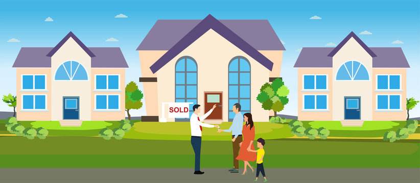 Vector of a real estate agent giving new house keys to a young family