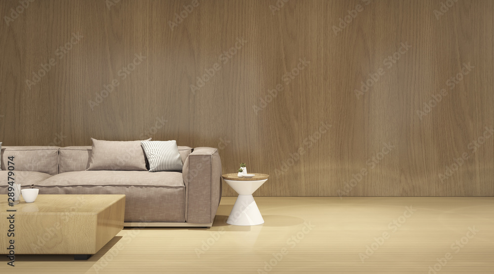 Poster view of living room in minimal style with grey sofa and small side table on wood laminate wall.inter