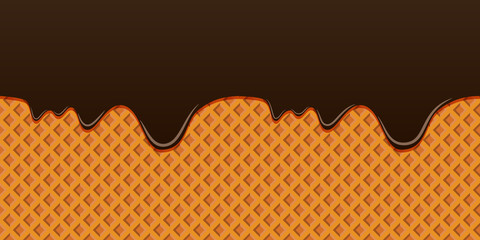 Brown smudges of glaze on a waffle background. Horizontal seamless crisp element with streaks. Template for frosting cone of ice cream.