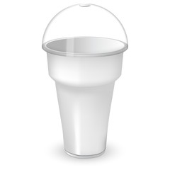 White plastic cup with sphere dome cap. Mock up of the container with a lid. For milkshake and ice cream and smoothie or coffee. Single object isolated on white background.