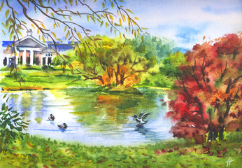 Autumn landscape with a pond, a palace and ducks, watercolor illustration.