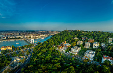 Gellert hill with the Statue of Liberty and Citadella Erzsebet bridge in Budapest Hungary aerial view