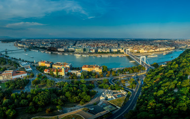 Aerial panorama view of Budapest Hungary with the blue Danube river and historic Erzsebet and Chain bridges