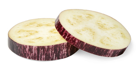 Two sliced pieces of eggplant graffiti. Isolation on a white background. Side view.