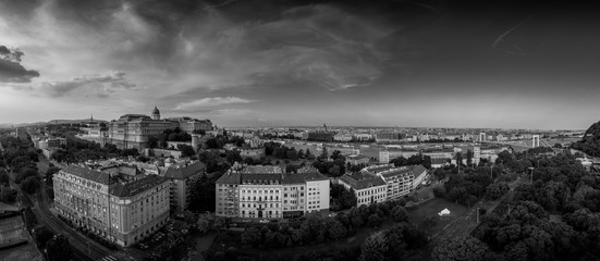 Black and white aerial panorama of Budapest with Buda castle, Gellert Hill, Status of liberty, Danube, Chain bridge, Erzsebet bridge