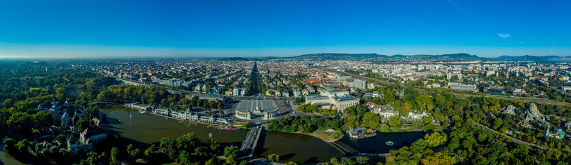 Aerial view of Varosligeti to and Heroes Square with the Fine Art Museum and Andrassy ut in Budapest Hungary