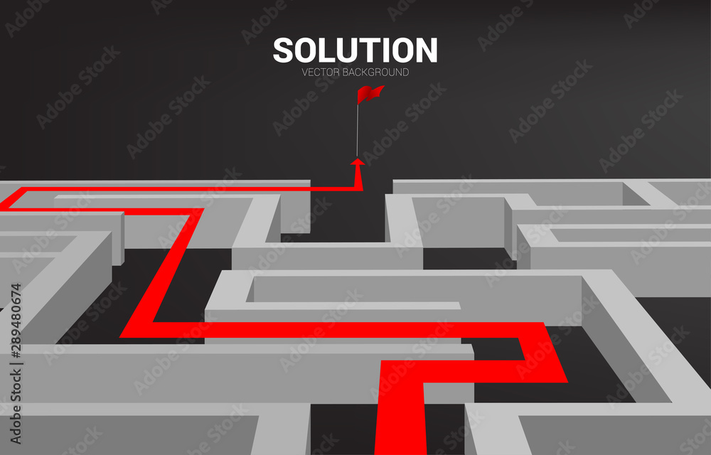 Poster Arrow with route path to exit the maze. Business concept for problem solving and solution strategy
