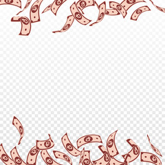 Russian ruble notes falling. Floating RUB bills on