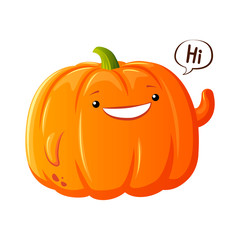 Pumpkin vector icon. Cartoon style design. Kawaii pumpkin say Hi. Illustration for sticker or halloween.