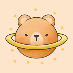 Bear saturn planet cartoon hand drawn style