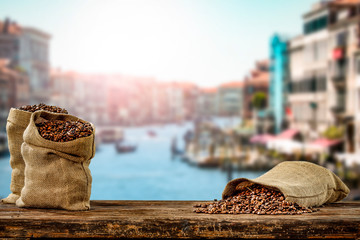 Fresh hot italy coffee and blurred background of city 