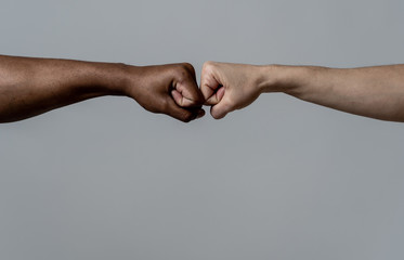 Fist of different skin colors giving fist bump. Conceptual image of race tolerance and stop racism