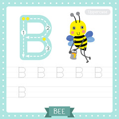 Letter B uppercase tracing practice worksheet. Happy Bee flying around with a brimful jar of delicious honey