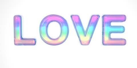3D text of the letter love in the style of soap bubbles with a rainbow tint