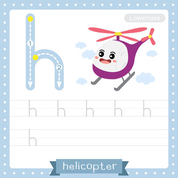 Letter H lowercase tracing practice worksheet. Helicopter