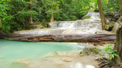 Waterfall in rain forest at Erawan National Park at Kanchanaburi in Thailand