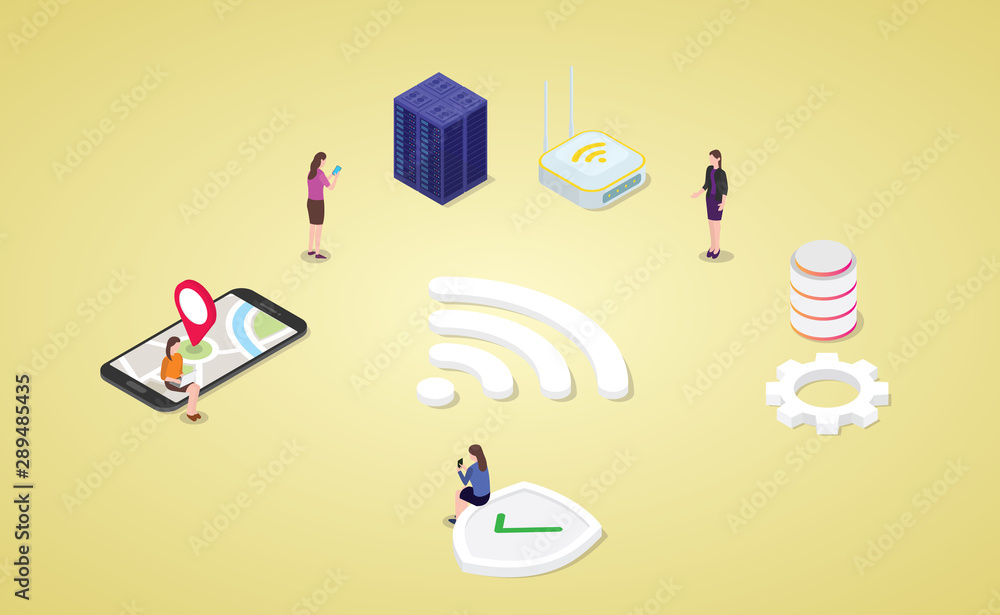 Poster stay connected on internet technology wifi with people connecting to network modern isometric style 