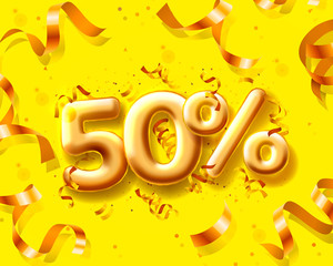 Sale 50 off ballon number on the yellow background.