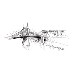 Sketch landscape. Cityscape with bridge and river. Hand drawn illustration. Isolated on white