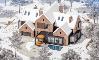 3d rendering of modern cozy clinker house on the ponds with garage and pool for sale or rent with beautiful landscaping on background. Cool winter day with shiny white snow.