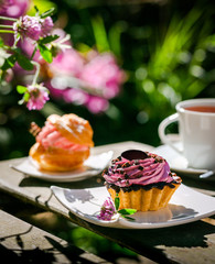 Summer dessert tea drinking five o'clock in the sunny garden