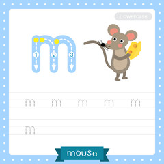 Letter M lowercase tracing practice worksheet. Mouse holding cheese