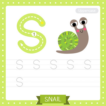 Letter S uppercase tracing practice worksheet. Colorful Snail