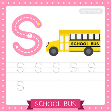 Letter S uppercase tracing practice worksheet. School Bus