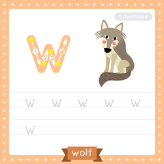 Letter W lowercase tracing practice worksheet. Wolf