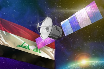Space communications technology concept - satellite with Iraq flag, 3D Illustration