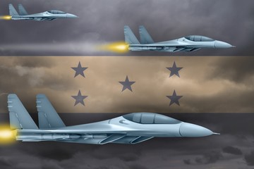 Honduras air forces strike concept. Air planes attack on Honduras flag background. 3d Illustration