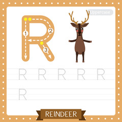 Letter R uppercase tracing practice worksheet. Reindeer standing on two legs