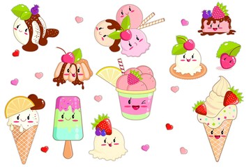 Kawaii Ice Cream in Waffle Cones and Sweet Fruits.