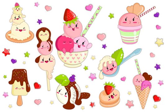 Kawaii Character Smiling Ice Cream with Fruits.