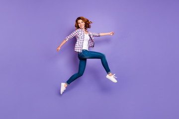 Full length photo of cool foxy lady jumping high going to shopping center wear casual outfit isolated purple color background
